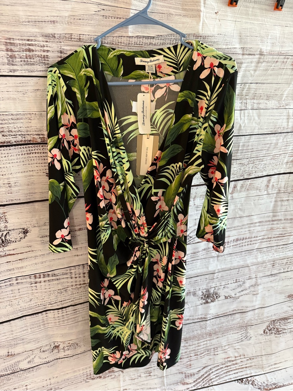 Tommy Bahama Black Tropical Floral Faux-Wrap Mini Dress